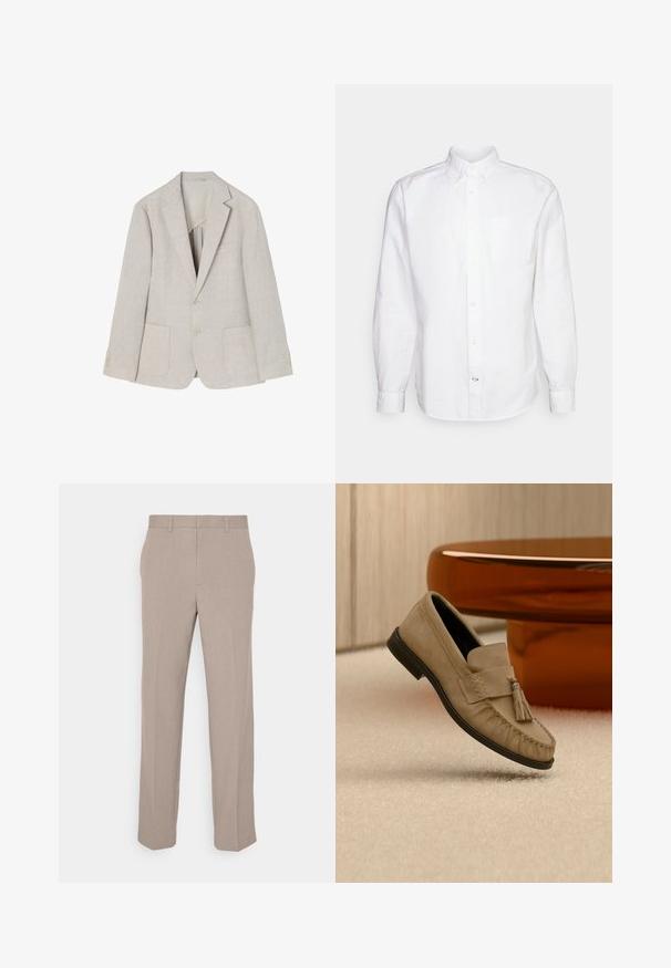 Vaalean beige pellavablazeri, jossa on halkiotakkikaulus, kaksi etutaskua, kaksipainikekiinnitys ja neljä nappikoristetta hihoissa.; GAP STANDARD OXFORD - Vapaa-ajan kauluspaita - white; Beige housut, jotka on valmistettu kevyestä kankaasta, suoralla lahkeella ja tasaisella edellä. Ei näkyviä kuvioita tai koristeluja.; Vaaleanruskea mokkasiini hapsudetaljilla, musta pohja, beige mattopinnan päällä kiiltävän ruskean pyöreän pöydän jalustan läheisyydessä.