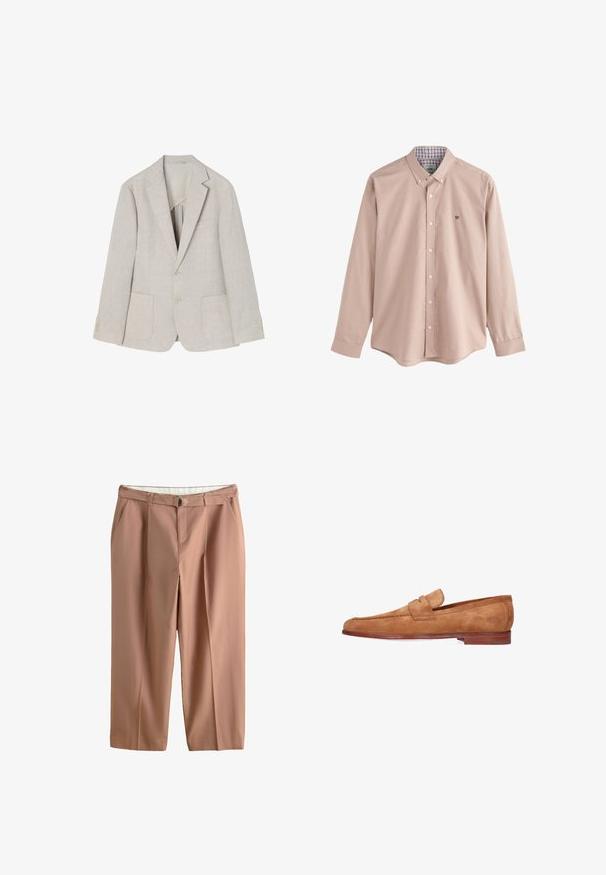 Blazer de lino beige claro con solapa de muesca, dos bolsillos frontales, cierre de doble botón y acentos de cuatro botones en las mangas.; Camisa beige de manga larga con botones, cuello abotonado, botones blancos, pequeño logo negro de corona en el pecho izquierdo y forro interior de cuello a cuadros.; Pantalones beige de cintura alta con bolsillos laterales, pliegues delanteros, trabillas para cinturón y cinturón de tela a juego con hebilla de anillo plateada.; Mocasín para hombre de ante marrón claro, sin cordones, con suela de madera y tacón apilado bajo, con logo bordado en el lateral.
