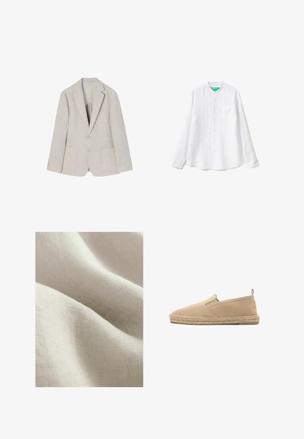 Blazer de lino beige claro con solapa de muesca, dos bolsillos frontales, cierre de doble botón y acentos de cuatro botones en las mangas.; Camisa blanca de manga larga hecha de lino. Presenta un cuello alzado, cierre de botones en el frente, y un solo bolsillo en el pecho. Tejido suave y texturizado.; tela de lino beige claro con una superficie texturizada, mostrando caídas suaves y fluidas y un patrón de tejido fino.; Alpargata beige de lona con suela de yute cosida y pequeña lengüeta de tela en el talón, mostrada de perfil sobre fondo blanco.
