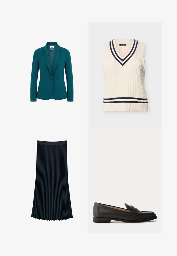 Blazer verde azulado de tejido suave, con solapas con muesca, cierre de un solo botón, dos bolsillos laterales y hombros estructurados.; Chaleco de suéter sin mangas de punto con cable en color crema, con detalles a rayas en azul marino y crema en el cuello en V y el dobladillo.; Falda plisada en tela azul marino oscuro, con una cinturilla lisa y plisados verticales que aportan textura y movimiento, con una silueta fluida.; Mocasín negro de cuero para mujer con tacón bajo, puntera redondeada y detalles cosidos en la parte superior, mostrado de lado sobre un fondo liso.