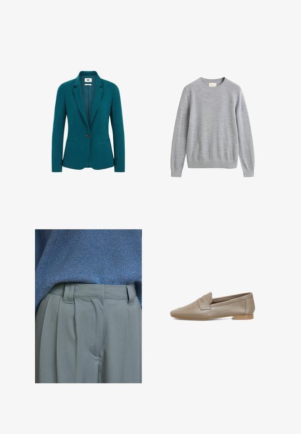 Tangerfarbener Blazer aus glattem Material, mit geschlitztem Revers, einreihiger Knopfschließe, zwei Seitentaschen und strukturierten Schultern.; Hellgrauer Pullover mit Rundhalsausschnitt und langen Ärmeln aus feinem Strickstoff mit gerippten Bündchen und Saum.; Blauer gestrickter Pullover über hoch taillierten, gefalteten, hellgrauen Hosen. Die Hose hat einen flachen Bund mit Gürtelschlaufen und Seitentaschen.; Beige Leder Mokassins mit strukturierter Oberfläche, flachem Absatz und runder Zehenpartie. Enthält eine dekorative Faltnaht auf dem Blatt.