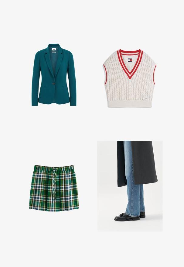 Blazer verde azulado de tejido suave, con solapas con muesca, cierre de un solo botón, dos bolsillos laterales y hombros estructurados.; Chaleco de punto grueso sin mangas de color crema con cuello en V y sisas a rayas rojas y blancas, etiqueta Tommy Jeans en el cuello y el dobladillo.; Falda plisada de cuadros verdes con cintura elástica y cordón en la parte delantera, que presenta un patrón de rayas blancas, marinas y amarillas.; Mocasines de cuero negro con borlas, combinados con jeans rectos de color azul claro, complementados por un abrigo gris oscuro. Líneas limpias y tejido texturizado.