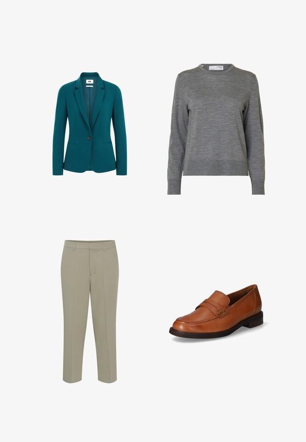 Teal blazer van een gladde stof, met een geknipt revers, enkele knoopsluiting, twee zijzakken en gestructureerde schouders.; Lichtgrijze gebreide trui met lange mouwen, ronde hals en geribbelde boorden en zoom, getoond tegen een witte achtergrond.; Olijfgroene broek van gladde stof, met een getailleerd ontwerp, vlakke voorkant, rechte pijpen en riemlussen.; Bruine leren loafers met een ronde neus en een decoratieve band over de voorkant. Beschikt over een lage, gladde zwarte buitenzool.