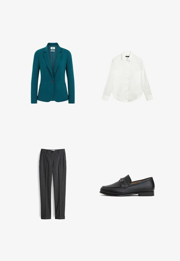 Teal blazer van een gladde stof, met een geknipt revers, enkele knoopsluiting, twee zijzakken en gestructureerde schouders.; Witte blouse met lange mouwen, kraag en manchetten, plat gelegd met de knopen dicht aan de voorkant in het midden.; Grijze, gestructureerde broek met een tailored ontwerp, voorzien van voorplooien, ceintuurlussen en een enkele knoopsluiting bij de taille.; Zwarte leren instappers met een gestructureerde afwerking, een verhoogd voorpaneel en een kleine metalen accent op de band. Lage, platte zool.