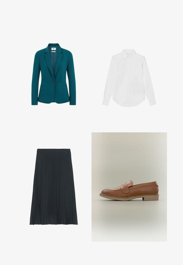 Tangerfarbener Blazer aus glattem Material, mit geschlitztem Revers, einreihiger Knopfschließe, zwei Seitentaschen und strukturierten Schultern.; Weißes Langarmhemd mit Knöpfen aus glattem Stoff. Verfügt über einen klassischen Kragen, abgerundeten Saum und geknöpfte Manschetten. Keine sichtbaren Muster.; Faltenrock in Mittelgrau mit elastischem Bund. Verfügt über vertikale Falten für Struktur und Bewegung. Glatte Stoffoberfläche.; Brauner Lederloafer mit niedrigem Absatz und Riemendetail über dem Spann, seitlich auf neutralem Hintergrund dargestellt.