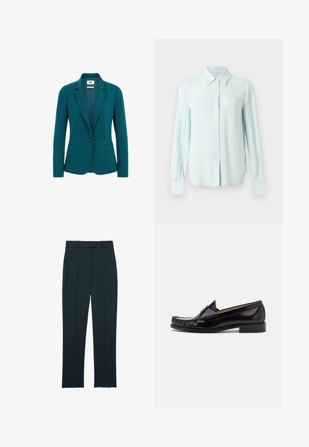 Blazer verde azulado de tejido suave, con solapas con muesca, cierre de un solo botón, dos bolsillos laterales y hombros estructurados.; Camisa de manga larga azul claro con botones, cuello puntiagudo y puños, mostrada de frente sobre un fondo liso.; Pantalones formales de corte entallado en azul marino oscuro con trabillas para cinturón y ajuste recto y delgado, mostrados extendidos sobre un fondo blanco.; Zapato mocasín de cuero negro con un acabado brillante, que presenta detalles de flecos en la parte delantera y un tacón bajo apilado.