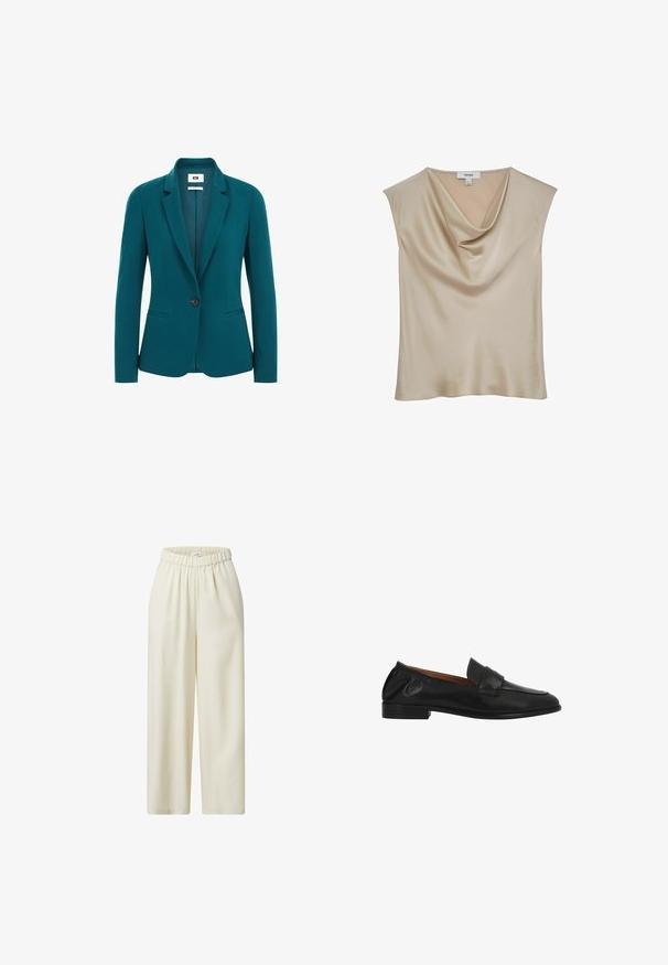 Teal blazer van een gladde stof, met een geknipt revers, enkele knoopsluiting, twee zijzakken en gestructureerde schouders.; Beige satijnen mouwloze blouse met watervalhalslijn, gelabeld "REISS", getoond tegen een witte achtergrond.; EDITED Broek - hellbeige; Zwarte leren instaploaier met lage hak, een afgeronde neus en een doorgestikte band over de bovenzijde.