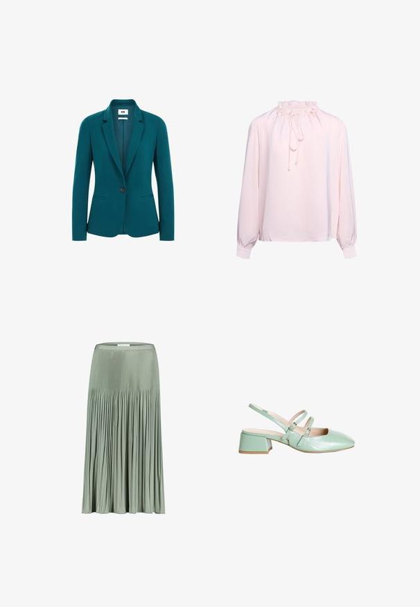 Teal blazer van een gladde stof, met een geknipt revers, enkele knoopsluiting, twee zijzakken en gestructureerde schouders.; Lichtroze blouse met lange mouwen, een gerafelde hoge halslijn, strik aan de voorkant, parelaccenten en manchetten met knopen. Geen zichtbare patronen of prints.; Lichtgroene geplooide midirok met een nauwsluitende tailleband, met smalle plooien bovenaan en bredere plooien naar de zoom toe.; Mintgroene slingback schoen met twee gespsluitingen en een lage blokhak, gepresenteerd op een witte achtergrond.