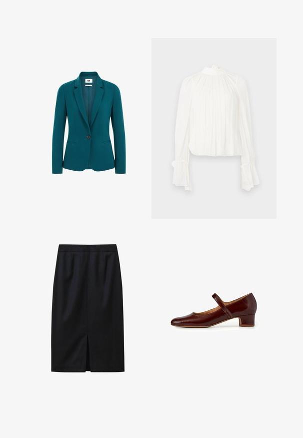 Teal blazer lavet af glat stof, med spids krave, enkelt knaplukning, to sidelommer og strukturerede skuldre.; Hvid bluse med lange, udflared ærmer og høj hals. Har bløde plisseringer over hele fronten og en samlet afslutning ved manchetterne.; Sort knælang pencilskørt med et tekstureret mønster, tætsiddende talje og en midterslids ved kanten. Glat stoffinish.; Mary Jane sko i dyb burgundy patentlæder, med en afrundet tå, en lav blokhæl og en justerbar rem over vristen.