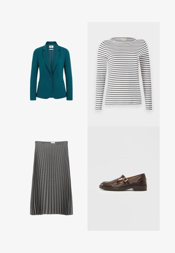 Teal blazer van een gladde stof, met een geknipt revers, enkele knoopsluiting, twee zijzakken en gestructureerde schouders.; Langsleeve gestreepte shirt gemaakt van zachte stof, met navy en witte horizontale strepen, ronde halslijn en een slim-fit ontwerp.; Grijze plissee rok gemaakt van zachte stof. Kenmerkt zich door verticale plooien, een elastische tailleband en een vloeiende vorm die tot halverwege de kuit valt.; Bruine leren schoen met een afgeronde neus, uitgesneden ontwerp en een bandje met een zilveren gesp. Lage, stevige zwarte hak met decoratieve stiksel.