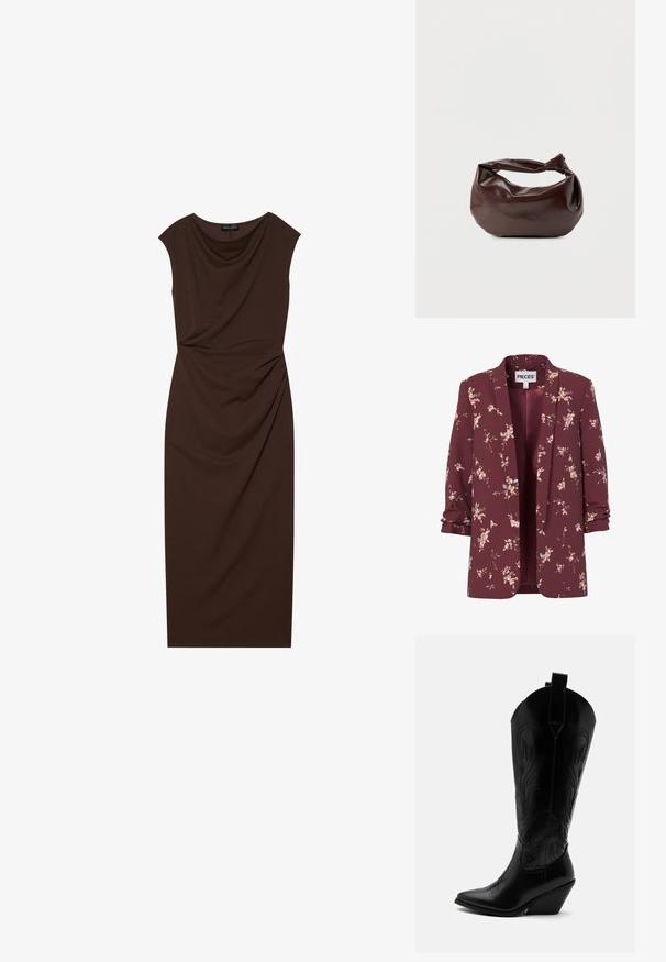 Veste pour femme couleur bordeaux à motif floral, manches retroussées, devant ouvert, avec petits motifs de fleurs roses et vertes sur l'ensemble.; Robe marron longueur genou en tissu lisse, avec un décolleté drapé, des manches courtes et des ruchés sur un côté.; Botte de cowboy en cuir noir avec bout pointu, talon bloc incliné, couture décorative et languettes en haut sur fond blanc.; Sac bandoulière en cuir marron foncé avec une forme souple et décontractée et une anse nouée torsadée sur un fond blanc uni.