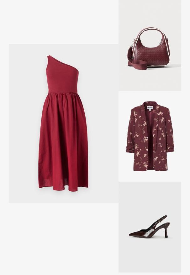 Blazer femenino burdeos con flores, mangas remangadas, delantero abierto y pequeños patrones de flores rosas y verdes por todo el tejido.; Vestido de un solo hombro, hasta la rodilla, en rojo oscuro, que presenta un corpiño ajustado y una falda fluida, fabricado con tela ligera de textura suave.; Zapatos de tacón slingback de charol marrón con punta afilada, tacón delgado y correa ajustable con una pequeña hebilla.; Bolso de mano de cuero tejido color granate con asa curva, ribete blanco, cremallera plateada y correa desmontable de tela ancha para el hombro sobre fondo liso.