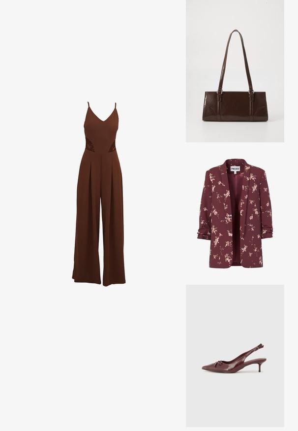 Dameblazer i bourgogne med blomsterprint, med opkrogede ærmer, åben front og små rosa og grønne blomster over det hele.; Brun jumpsuit med V-udskæring, tynde stropper, udskårne broderidetaljer på siderne og brede bukser med plisseret design.; Bordeaux læder slingback hæl med spidse tå, justerbar rem og dekorativ sløjfedetalje foran. 7,5 cm hælhøjde.; Brun lakeret håndtaske med rektangulær form, to lange håndtag og subtile buede detaljer på fronten.