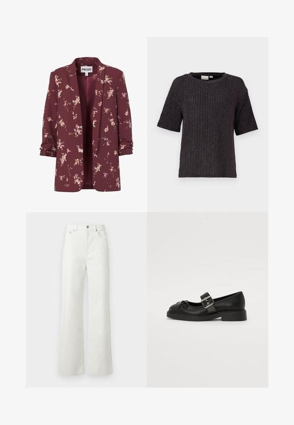Dameblazer i bourgogne med blomsterprint, med opkrogede ærmer, åben front og små rosa og grønne blomster over det hele.; Sort ribbet kortærmet sweater med rund hals, tekstureret stof og lette metalliske tråd accenter vævet ind.; Samsøe Samsøe SHELLY - Jeans Relaxed Fit - clear cream; Sort læder Mary Jane-sko med rund tå, ankelrem og sølv spænde detalje. Har en flad, chunky sål og en sløjfe akcent.