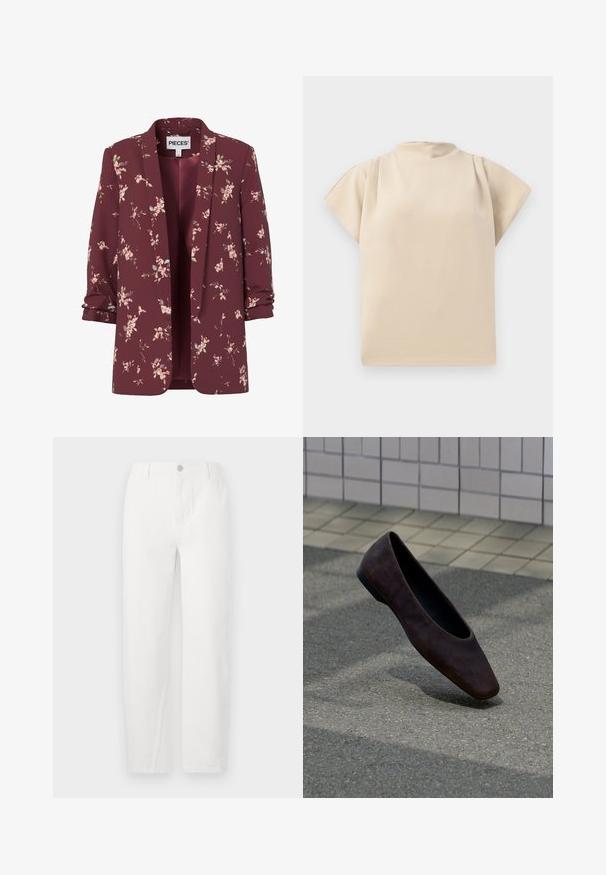 Blazer femenino burdeos con flores, mangas remangadas, delantero abierto y pequeños patrones de flores rosas y verdes por todo el tejido.; Top beige de manga corta con cuello alto y corte relajado. Textura suave con sutil drapeado en los hombros. Diseño simple y minimalista.; Jeans rectos blancos de mezclilla, con cierre de botón, dos bolsillos frontales y costuras limpias. Diseño sencillo sin patrones visibles.; Zapato plano marrón oscuro flotando sobre un suelo texturizado con una pared de azulejos de fondo.