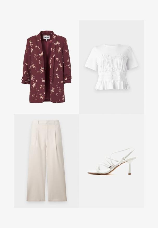 Damesblazer in bordeauxrood met bloemenprint, opgerolde mouwen, open voorkant en kleine roze en groene bloemenpatronen overal.; Witte top met korte mouwen, voorzien van een gerimpelde, smock-borstvoeding en een uitlopende zoom, met een gestructureerd ontwerp en een effen kleur.; ONLY ONLLANDO PLEAT CULOTTE PANT - Broek - pumice stone; Witte sandaal met hoge hak en dunne bandjes, zilveren accenten, een vierkante neus en een smalle middenhoge hak op een effen witte achtergrond.