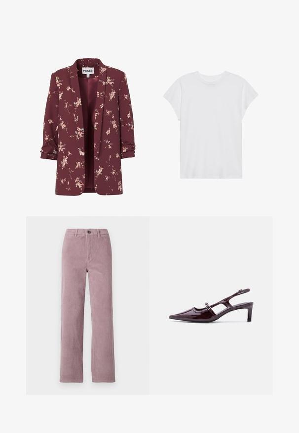 Dameblazer i bourgogne med blomsterprint, med opkrogede ærmer, åben front og små rosa og grønne blomster over det hele.; Hvid kortærmet t-shirt med rund hals, afslappet pasform, lavet af blødt bomuldsstof. Glat tekstur, ingen mønstre eller logoer.; Corduroy bukser i lys mauve med lige ben. Har en frontlukning med knap og vertikal ribbet tekstur.; Bordeaux laklæder slingback-sko med spids tå, lav hæl og dobbelte justerbare spænderem.