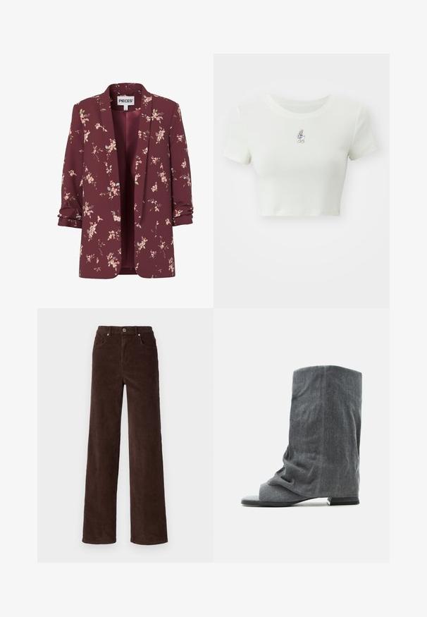 Dameblazer i bourgogne med blomsterprint, med opkrogede ærmer, åben front og små rosa og grønne blomster over det hele.; Beskarvet hvid t-shirt lavet af blødt stof, med en lille broderet tegneseriefigur på brystet, korte ærmer og rund halsudskæring.; Vero Moda VMTESSA WIDE PANTS - Bukser - chocolate torte; Blød grå, slasket midtkalv-støvle med åben tå og lav blokhæl, lavet af tekstureret stof.