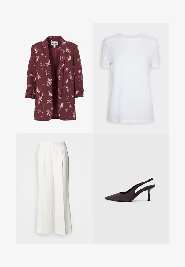 Veste pour femme couleur bordeaux à motif floral, manches retroussées, devant ouvert, avec petits motifs de fleurs roses et vertes sur l'ensemble.; T-shirt blanc uni à manches courtes, col rond, coupe régulière, avec une petite étiquette à l’intérieur du col indiquant "SELECTED FEMME."; Pantalon large blanc à plis sur le devant, ceinture avec passants pour ceinture, et poches latérales, présenté sur un fond clair.; Chaussure à talon slingback en tissu violet foncé. Design à bout pointu, côtés ouverts, et talon mince de forme carrée. Texture lisse.