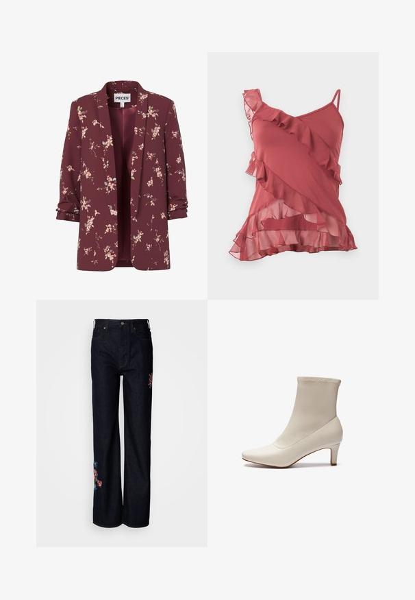 Dameblazer i bourgogne med blomsterprint, med opkrogede ærmer, åben front og små rosa og grønne blomster over det hele.; Ærmeløs top i støvet rosa med asymmetriske flæsedetaljer, transparente lagdelte flæser forneden og tynde stropper på den ene side.; Mørke denim bukser med bred benudskæring, prydet med blomsterbroderi i pink og blå på benene, med standard knap- og lynlåslukning.; Hvide ankelstøvler lavet af glat læder med spids tå og en kort, tapered hæl. Har et minimalistisk design og en sømløs overdel.