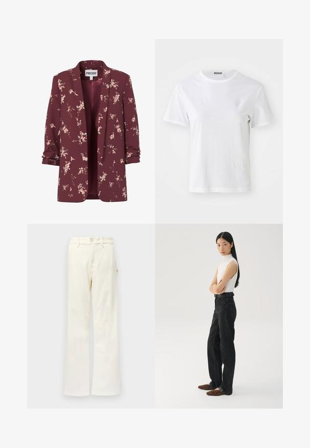Blazer femenino burdeos con flores, mangas remangadas, delantero abierto y pequeños patrones de flores rosas y verdes por todo el tejido.; Camiseta blanca de manga corta hecha de una tela suave. Cuenta con un escote redondo y un corte recto, con una etiqueta en el cuello interior.; Good American GOOD 90S CARPENTER - Pernera ancha - white denim; Jeans anchos negros de tiro alto, combinados con una blusa sin mangas blanca con textura y flats marrones de estampado de leopardo. Estilo sencillo y moderno.