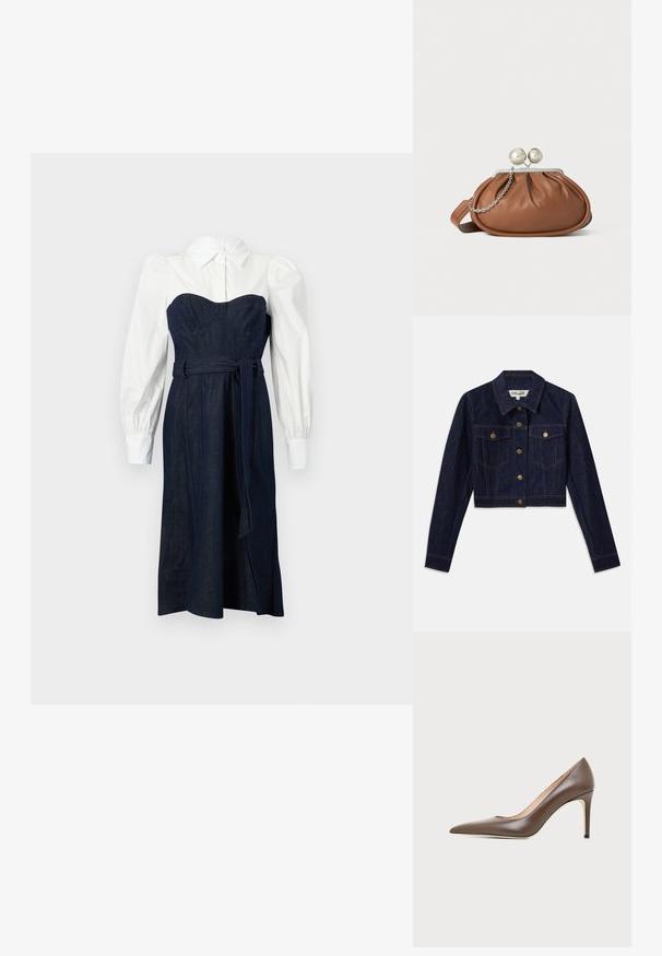 Mørk denim cropped jakke med lange ærmer, guldknapper, to brystlommer og kontrastsyninger. Klassisk krave og struktureret design.; Denim kjole med en struktureret mørkeblå overdel og hvide skjortelignende ærmer. Har en tætsiddende talje og matchende bælte.; Brun læder peptået højhælet sko med en slank stilethæl og glat finish på en lys baggrund.; Brun læder clutch-pung med sølv kugleklap og en lille sølv kædedetalje på en hvid baggrund.
