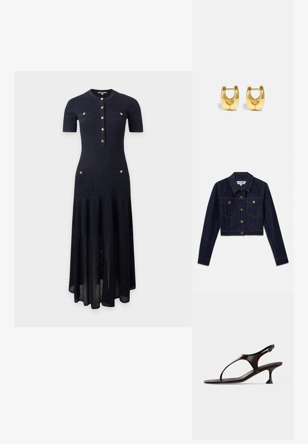 Mørk denim cropped jakke med lange ærmer, guldknapper, to brystlommer og kontrastsyninger. Klassisk krave og struktureret design.; Mørkeblå tekstureret midi-kjole med korte ærmer, guldknapper foran og fire lommer, to på brystet og to ved hofterne.; Mørkebrun laklædersandal med rem bagpå, lille hæl og tårem på hvid baggrund.; Guld hoops øreringe med et slankt, afrundet design. Har en hul midte og en blank overflade, der komplementerer moderne stilarter.