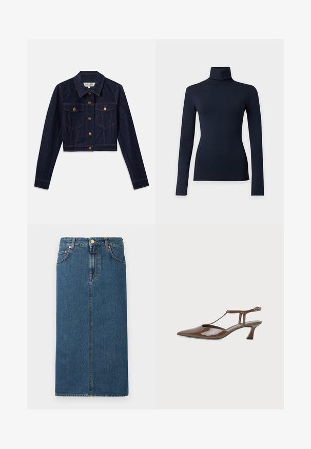 Mørk denim cropped jakke med lange ærmer, guldknapper, to brystlommer og kontrastsyninger. Klassisk krave og struktureret design.; Marineblå langærmet rullekravetop med tætsiddende silhuet vist på en ensartet lysegrå baggrund.; Mørkeblå denim midi-nederdel med lige skæring, forlommer og hardware i kobberfarve. Har stikninger langs sømmene og knaplukning.; Brunt laklæder spids tå slingback sko med lav kitten hæl, tynd T-rem og ankelrem med spænde.