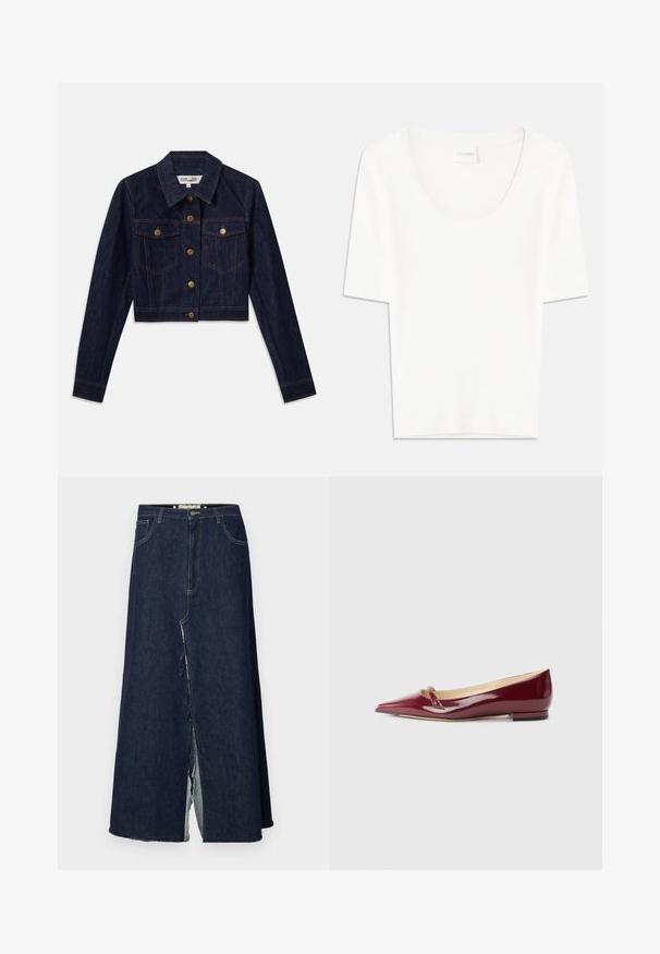 Mørk denim cropped jakke med lange ærmer, guldknapper, to brystlommer og kontrastsyninger. Klassisk krave og struktureret design.; Hvid kortærmet T-shirt med rund halsudskæring. Fremstillet af blødt bomuldsstof, har den en afslappet pasform og minimalistisk design.; Mørkeblå denim lang nederdel med en forslids. Funktionen har det traditionelle fem-lommer design og synlige syning detaljer. Hjemmet er flosset.; Bordeaux patenteret læderballerinaer med spids tå, der har en lille udskæring og en lav hæl. Glat tekstur og elegant design.