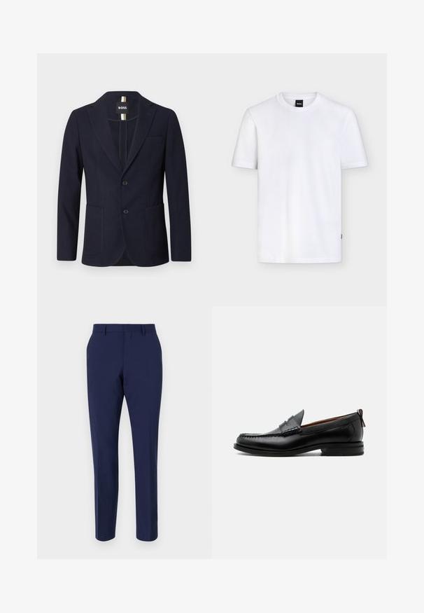 Marineblauer Herrenblazer mit Kerbklappen, zwei aufgesetzten Fronttaschen, zwei Knöpfen und einer kleinen Brusttasche, innen am Kragen mit "BOSS" beschriftet.; Schlichtes weißes T-Shirt mit kurzen Ärmeln und Rundhalsausschnitt, mit einem kleinen schwarzen Markenetikett am Kragen und dezenter Stoffstruktur.; Marineblau maßgeschneiderte Hose aus glattem Stoff, mit schmaler Passform, flacher Vorderseite und einem Standardbund mit Gürtelschlaufen.; Schwarzer Leder-Herrenschuh mit Mokassinnaht, Penny-Riemen, strukturiertem Kragen und niedrigem gestapeltem Absatz auf weißem Hintergrund.