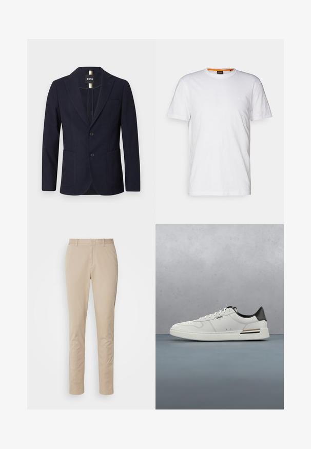 Blazer azul marino para hombre con solapas con muesca, dos bolsillos delanteros de parche, dos botones y un pequeño bolsillo en el pecho, etiquetado como "BOSS" en el interior del cuello.; Camiseta de algodón blanca con cuello redondo, mangas cortas y un sutil logo en relieve en el pecho. La etiqueta interior tiene un acento naranja.; Pantalones de algodón beige con un diseño de pierna recta, que cuentan con una cremallera, bolsillos laterales y detalles de costura sutiles. Textura suave.; Zapatilla baja blanca con talón negro, cierre con cordones, perforaciones sutiles y el logo "BOSS" en el costado, mostrada desde el perfil exterior.