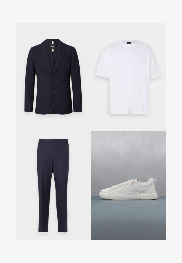 Marineblauer Herrenblazer mit Kerbklappen, zwei aufgesetzten Fronttaschen, zwei Knöpfen und einer kleinen Brusttasche, innen am Kragen mit "BOSS" beschriftet.; Weißes Baumwoll-T-Shirt mit Rundhalsausschnitt, kurzen Ärmeln und lässiger Passform. Verfügt über strukturierte Schulternaht für zusätzliche Details.; Navyblaue Hose mit flacher Front, elastischem Bund und Knopfverschluss. Gerader Schnitt und glatte Textur, geeignet für formelle oder legere Anlässe.; Weiße Sneaker aus glattem Leder, runde Spitze, vier Ösen, dezente Perforationen und ein rotes Logodetail an der Seite.