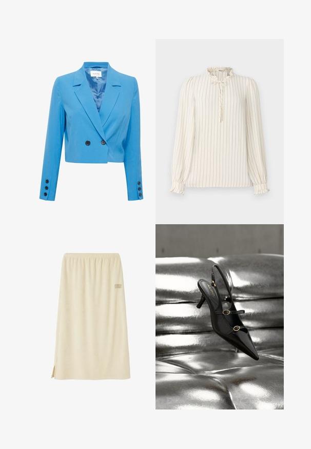 Blazer azul corto con una textura suave, que presenta un cuello con muesca, un frente de doble botonadura y acentos de botones negros.; Blusa de manga larga en crema con rayas verticales en azul marino, cuello con volantes y detalle de ojal con botón; puños elastizados con acentos de volantes.; Falda de algodón beige con cinturilla elástica, corte recto, aberturas laterales y detalle sutil de logotipo. Textura suave y diseño ligero.; Zapato de tacón slingback negro con punta puntiaguda y dos correas con hebillas doradas, descansando sobre una superficie acolchada plateada y brillante.
