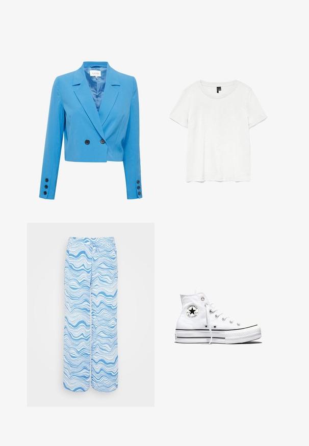 Blazer azul corto con una textura suave, que presenta un cuello con muesca, un frente de doble botonadura y acentos de botones negros.; Camiseta blanca de manga corta con un cuello redondo, hecha de tejido ligero. Diseño simple, textura suave y dobladillo recto.; Twist & Tango NAJMA TROUSERS - Pantalones - psychedelic blue; Zapatilla blanca de caña alta Converse Chuck Taylor All Star con parche de logo negro y cordones blancos, presentada sobre fondo blanco.