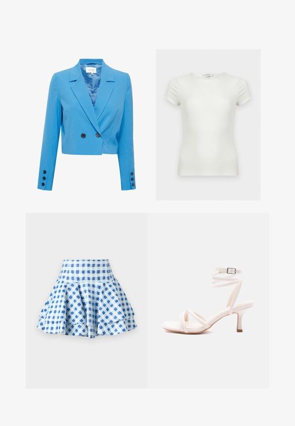 Gecombineerde blauwe blazer met een gladde textuur, voorzien van een gelapte kraag, een dubbel-breasted voorkant en zwarte knopenaccenten.; Effen witte aansluitende T-shirt met korte mouwen en ronde hals, getoond op een neutrale achtergrond.; Rok met hoge taille en uitlopende vorm met blauw-wit geruit ruitpatroon, voorzien van gelaagde ruches en een gestructureerde tailleband.; Witte sandaal met hak, voorzien van een voorzijde met bandjes, een enkelriempje met gesp en een smalle hak van gemiddelde hoogte, afgebeeld op een effen achtergrond.