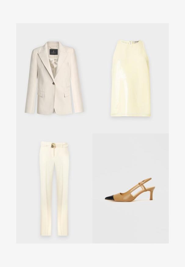 Blazer cintré couleur crème avec fermeture à un bouton, revers crantés, poches à rabat et doublure satinée lisse.; Haut sans manches de couleur jaune clair avec une texture lisse, doté d'un panneau brillant à l'avant et d'une petite fermeture éclair au dos.; Pantalon sur mesure de couleur crème avec une taille ceinturée ornée de détails en métal doré, jambes droites, et une texture lisse et douce.; Escarpins slingback couleur fauve avec embout pointu noir, côtés découpés et talon bloc de hauteur moyenne. Matière en cuir lisse.
