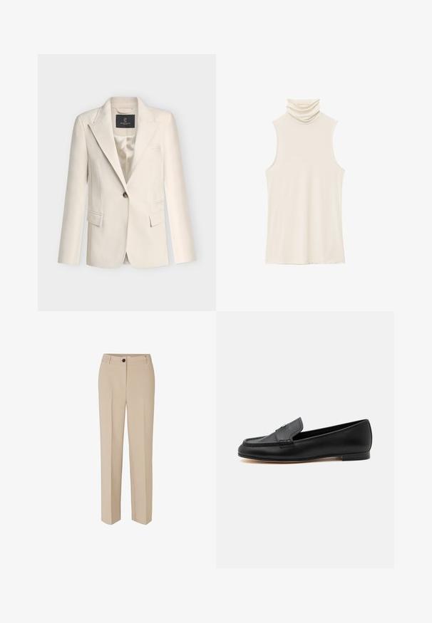 Blazer cintré couleur crème avec fermeture à un bouton, revers crantés, poches à rabat et doublure satinée lisse.; Haut sans manches de couleur crème avec un col bénitier drapé et haut. Fabriqué en tissu doux et lisse avec une texture légère et extensible, sans ornements.; Modström GALE - Pantalon classique - powder sand; Mocassin en cuir noir avec un petit talon, des détails cousus et un petit accent métallique sur la tige supérieure.