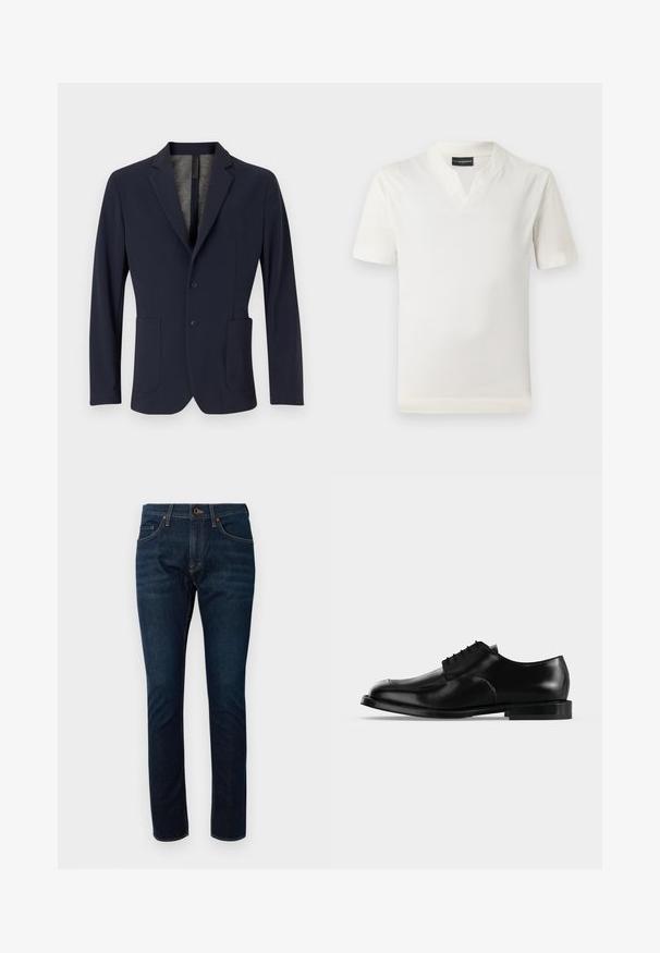 Marineblazer lavet af glat stof, med en enkelt knaplukning, to forlommer og et subtilt tekstureret foer indvendigt.; Hvid kortærmet t-shirt med v-hals design og blød tekstur. Enkel, lige pasform uden mønstre eller yderligere accenter.; Mørkeblå denimjeans med et tætsiddende design, der har fem lommer og kontrasterende syninger. Stoffet har en glat overflade.; Sort lædersko til mænd med snørebånd, glat finish og lav hæl, vist i sideprofil på en ensartet lys baggrund.
