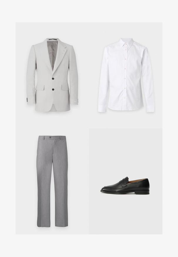Chaqueta de traje de lino gris claro con solapa muesca, dos botones, dos bolsillos frontales y detalles de botones negros. Textura suave en toda la prenda.; Camisa blanca de manga larga con botones, cuello y puños, mostrada plana sobre un fondo claro y liso.; Pantalones de traje grises ajustados con pasadores para cinturón, botón frontal y cremallera, con un corte de pierna recta.; Mocasín de cuero negro con punta redonda, detalles de costura sutil y un tacón bajo, que presenta una textura suave y un diseño minimalista.