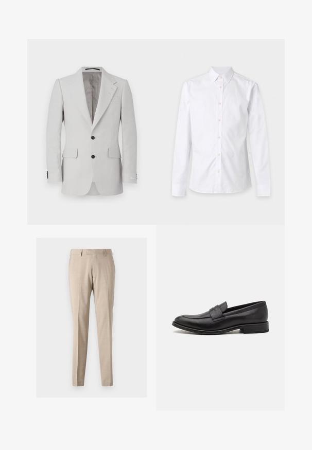 Chaqueta de traje de lino gris claro con solapa muesca, dos botones, dos bolsillos frontales y detalles de botones negros. Textura suave en toda la prenda.; Camisa blanca de manga larga con botones, cuello y puños, mostrada plana sobre un fondo claro y liso.; Pantalones tapered beige confeccionados en tejido ligero, con pliegues frontales, dos bolsillos laterales y una textura suave.; Mocasín de cuero negro con un acabado suave, una tira decorativa en la parte superior, punta redondeada y un tacón bajo apilado.