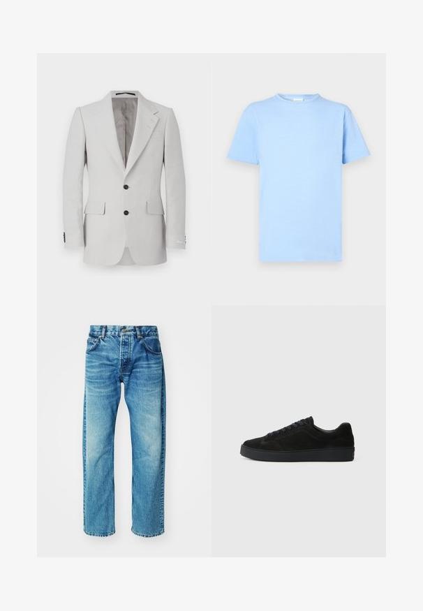 Lys grå linnedragtjakke med notched lapel, to knapper, to forlommer og sorte knapdetaljer. Glat tekstur over det hele.; Lyseblå kortærmet t-shirt lavet af blødt stof. Rund halsudskæring, lige kant og minimal tekstur. Ingen mønstre eller detaljer.; Blå denimjeans med en afslappet pasform, der har fem lommer, en knaplukning og en subtil falming med en let, frayed kant.; Sort semsket sneakers med en flad, tekstureret sål, rund tå, seks snørrehuller og et minimalistisk design.