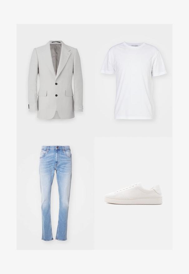 Lichtgrijze linnenjas met notch-lapel, twee knopen, twee voorzakken en zwarte knoopaccenten. Soepele textuur overal.; Witte katoenen T-shirt met een ronde hals, korte mouwen en een rechte snit. Geen patronen of versieringen, gladde textuur en eenvoudig ontwerp.; Lichtblauwe denim jeans met een rechte pijp, subtiele vervaging, vijf zakken en knoopsluiting. Geen zichtbare patronen of versieringen.; Witte lederen sneaker met een gladde afwerking, ronde neus, vetersluiting met zes veteroogjes en een rubberen zool met structuur. Minimalistisch ontwerp zonder patronen.