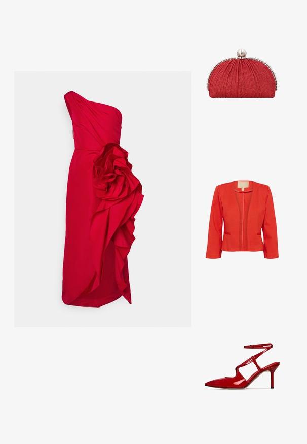 Rote leichte Blazerjacke mit taillierter Passform, offenem Vorderteil, langen Ärmeln und zwei kleinen Fronttaschen. Glatte Textur und klassischer Kragen.; Rotes Satin-Kleid mit einem Schulterträger, das ein strukturiertes, übergroßes Blumen-Detail an der Seite und schimmernde Rüschen entlang des Saums zeigt.; Roter Lacklederpumps mit spitzem Fuß, Knöchelriemen und ausgeschnittenen Details, ausgestattet mit einem eleganten Stiletto-Absatz.; Rote Stoff-Clutch mit geraffter Textur, silberner Einfassung verziert mit kleinen Perlen und einem großen Perlenverschluss oben.