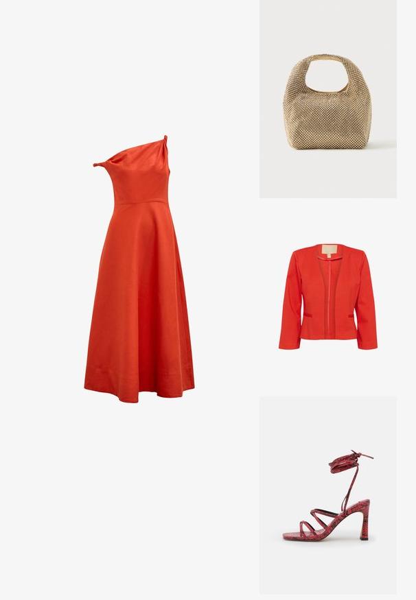 Blazer léger rouge avec une coupe ajustée, devant ouvert, manches longues et deux petites poches avant. Texture lisse et col standard.; Robe midi sans manches rouge-orange avec un décolleté asymétrique à une épaule et une jupe évasée en ligne A.; NA-KD STRAPPY FUNNEL - Sandales à talons hauts - red; Petit sac à main doré recouvert de clous ronds brillants avec une poignée courte et une découpe rectangulaire en haut.