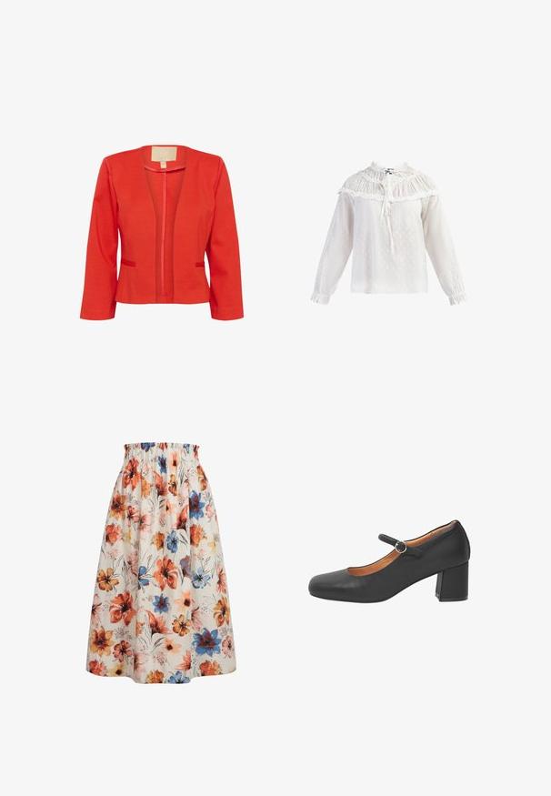 Červený ľahký blazer s priliehavým strihom, otvoreným predným dielom, dlhými rukávmi a dvoma malými prednými vreckami. Hladká textura a štandardný golier.; Biela blúzka s dlhým rukávom s volánikovým výstrihom, textúrovaná látka s malými bodkami a záhybmi na manžetách. Viazanie vpredu.; Biela sukňa s vysokým elastickým pásom, zdobená živým kvetinovým vzorom v oranžových, modrých, žltých a ružových odtieňoch.; Čierna kožená topánka Mary Jane s okrúhlou špičkou, remienkom so širokou kovovou prackou a masívnym podpätkom. Hladká textúra.
