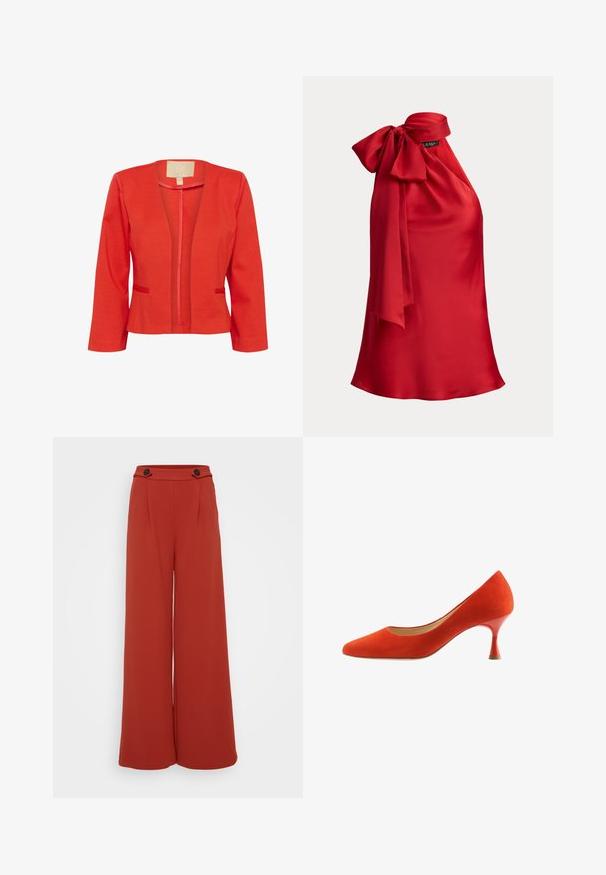 Rød letvægtsblazer med en tætsiddende form, åben front, lange ærmer og to små forlommer. Glat tekstur og standardkrave.; Rød ærmeløs satin top med en stor sløjfe bundet ved den høje halsudskæring og en løs, flydende pasform.; Rust røde højtaljede bukser med vidde ben og to mørke knapper på linningen mod en hvid baggrund.; Rød ruskinds højhælet sko med spids tå og unikt udvidet hældesign. Glat tekstur uden synlige mønstre eller hardware-detaljer.