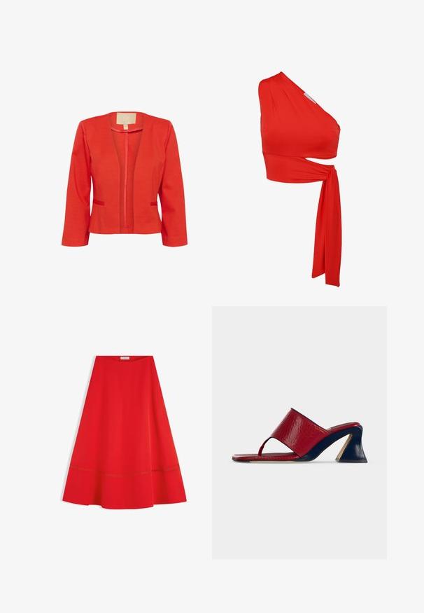Blazer léger rouge avec une coupe ajustée, devant ouvert, manches longues et deux petites poches avant. Texture lisse et col standard.; Top court asymétrique rouge en tissu lisse ; il dispose d'une seule manche et d'un détail latéral torsadé avec un lien flottant plus long.; Jupe midi rouge évasée en A avec une couture horizontale discrète près de l'ourlet, en tissu lisse, présentée à plat avec une étiquette de marque visible à l'intérieur.; Sandale mule en cuir rouge à bout ouvert avec un talon bloc sculpté bleu marine et une bride tongs, vue de côté sur fond blanc.