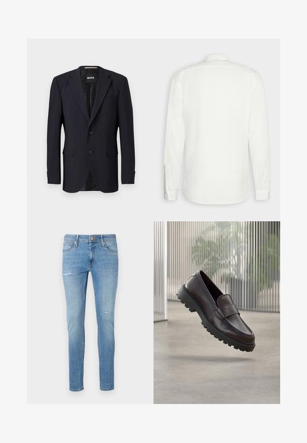 Blazer azul marino hecho de tejido texturizado, con cierre de dos botones, solapas con muesca y dos bolsillos frontales. Interior forrado con un patrón.; Camisa blanca de manga larga hecha de una tela ligera y texturizada, con un detalle de botón en cada puño y un cuello clásico.; Jeans de mezclilla de color azul claro con un ajuste slim, que presentan detalles ligeramente desgastados y un diseño de cinco bolsillos, acabados con un cierre de botón estándar.; Zapato de cuero marrón tipo mocasín con punta redondeada y suela de goma negra resistente. Presenta una correa decorativa sobre el empeine.