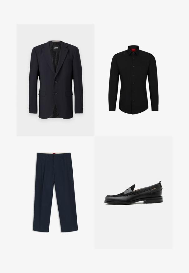 Námornícky modrý blazer vyrobený z texturovanej látky, so zapínaním na dva gombíky, klopovými goliermi a dvomi prednými vreckami. Podšívka s vzorom.; Čierna košeľa s dlhým rukávom a zapínaním na gombíky, klasickým golierom a zaobleným lemom; obsahuje čierne gombíky a červené logo vo vnútri goliera.; Tmavomodré široké nohavice s pútkami na opasok, predným zapínaním na gombík a zips a bočnými vreckami, zobrazené na bielom pozadí.; Čierny kožený mokasín so sivým remienkom, nízkym podpätkom a textúrovanou podrážkou, so značkou "HUGO" v zlatej farbe na boku.