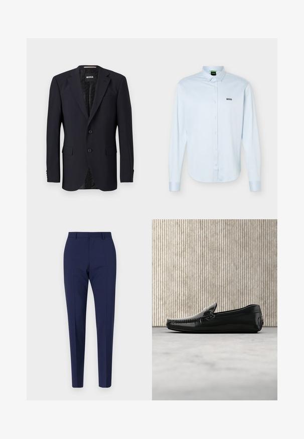 Marineblå blazer lavet af tekstureret stof, med en to-knaps lukning, klippede revers og to frontlommer. Foring med mønster.; Lyseblå langærmet skjorte med knapper og krave, sort "BOSS"-logo på venstre bryst og manchetter med knapper.; Marineblå skræddersyede bukser med slim fit, der har en glat tekstur, flad front og indgangspartier. Ingen synlige lommer eller udsmykninger.; Sorte læder loafers med en blank overflade, rund tå og dekorativt hardware foran. Lavprofil gummisål. Glat tekstur.